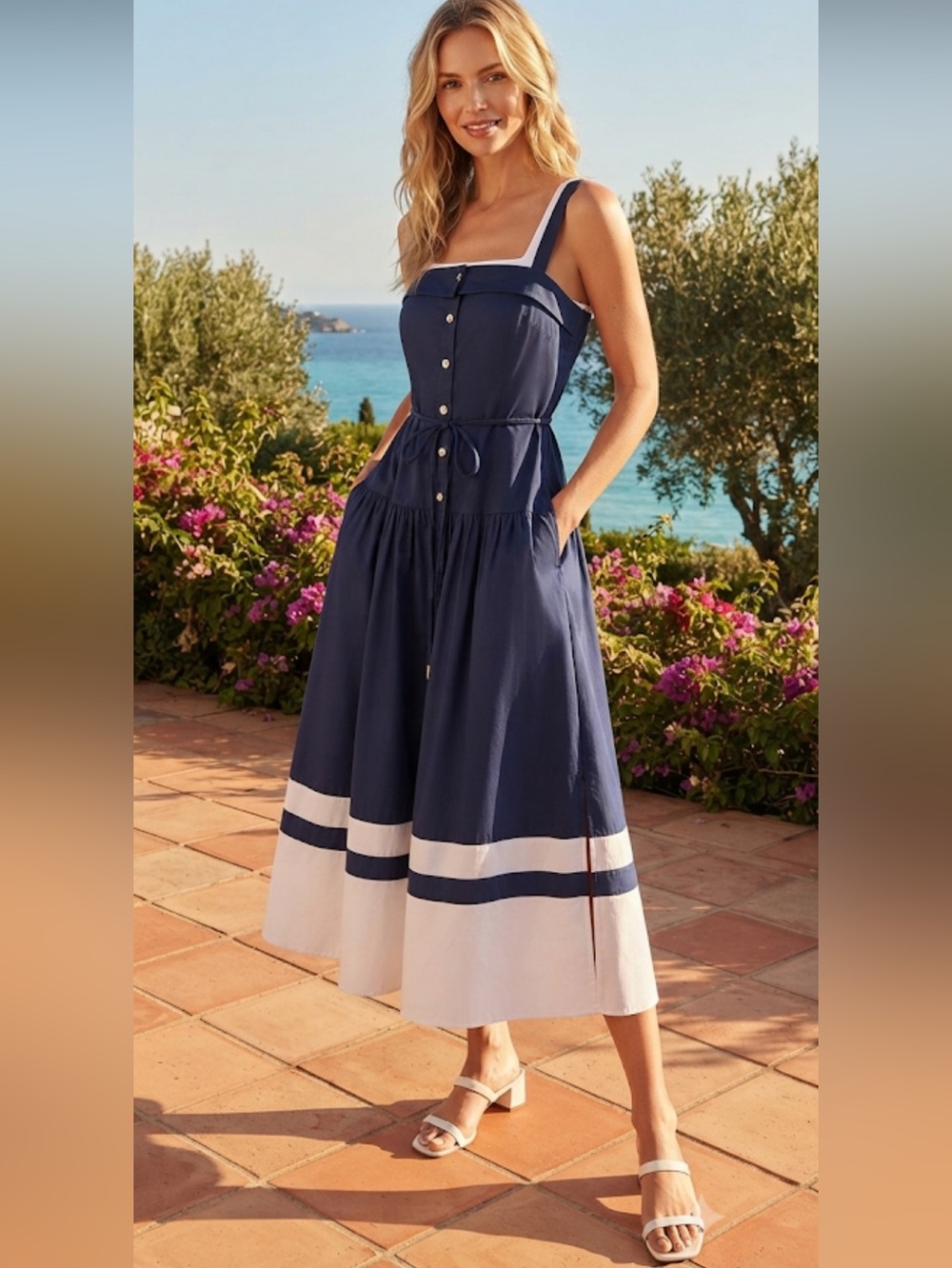 New Karl Lagerfeld Navy and White Midi Dress with Button Front size 10 - Picture 3 of 14